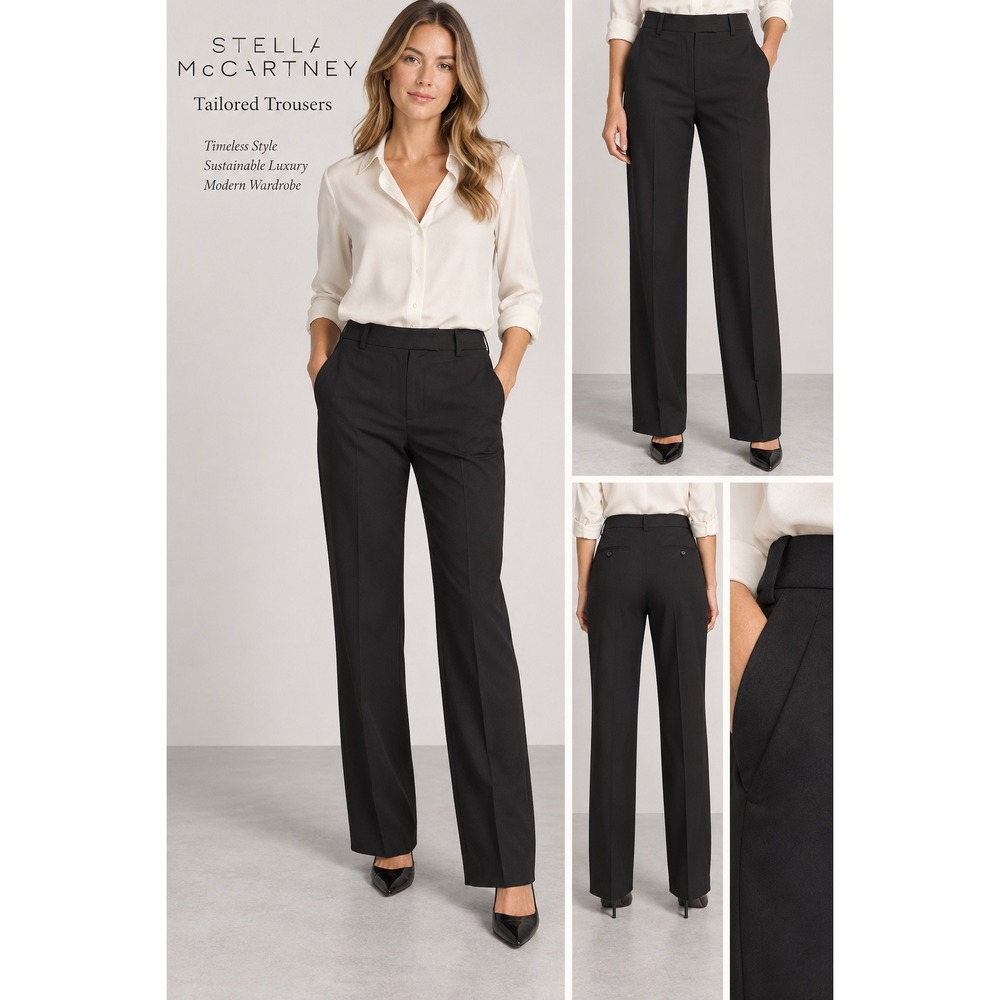 Stella McCartney Black Tailored Wool Trousers Straight Leg Dress Pants Size 44